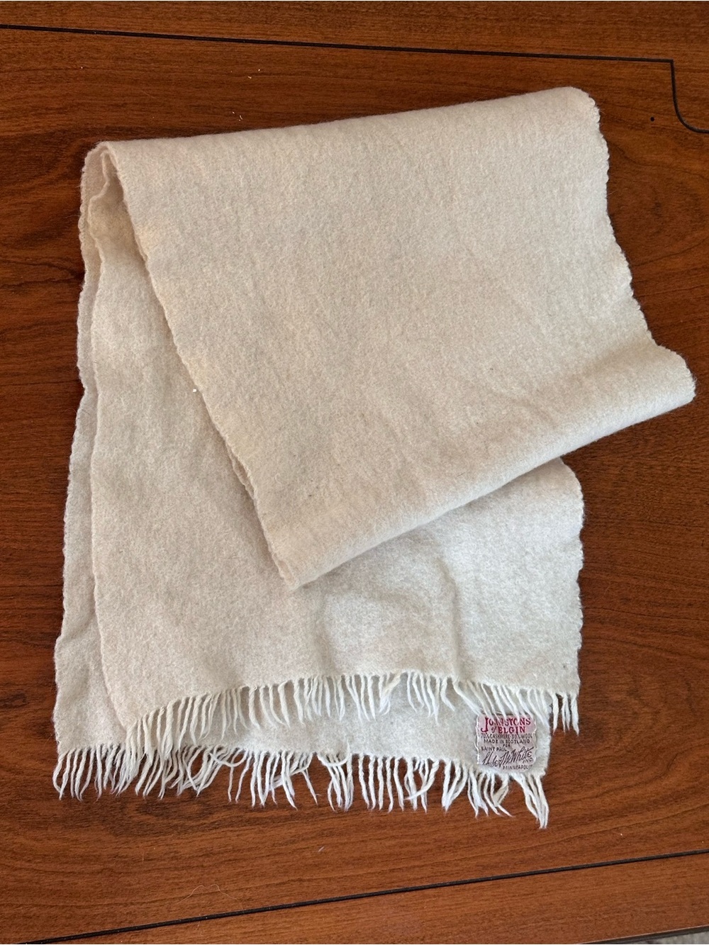 Johnstons of Elgin Scotland Vintage Wool Blanket Scarf Cream Fringe 40” x 10”